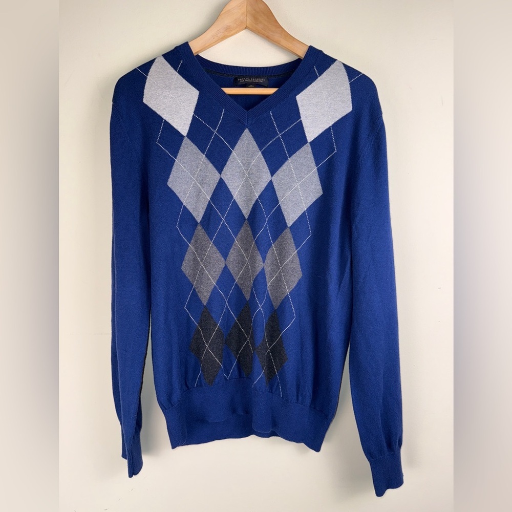 Banana Republic V-Neck Sweater Mens Large Blue Grey Argyle Silk Cashmere Blend